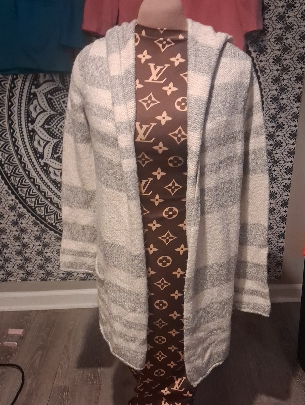 Eddie Bauer Hooded Open-Front Striped Cardigan - Gray & Cream